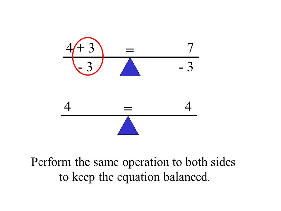 = = Perform the same operation to both sides to keep the equation balanced.
