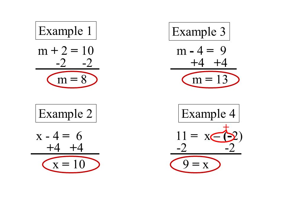 Example 1 m + 2 = 10 x - 4 = 6 m - 4 = 9 11 = x – ( - 2) -2 m = 8 +4 x = m = = x + Example 2 Example 3 Example 4