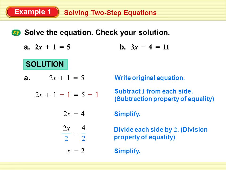 Example 1 Solving Two-Step Equations SOLUTION a. 12x2x + 5 = Write original equation.