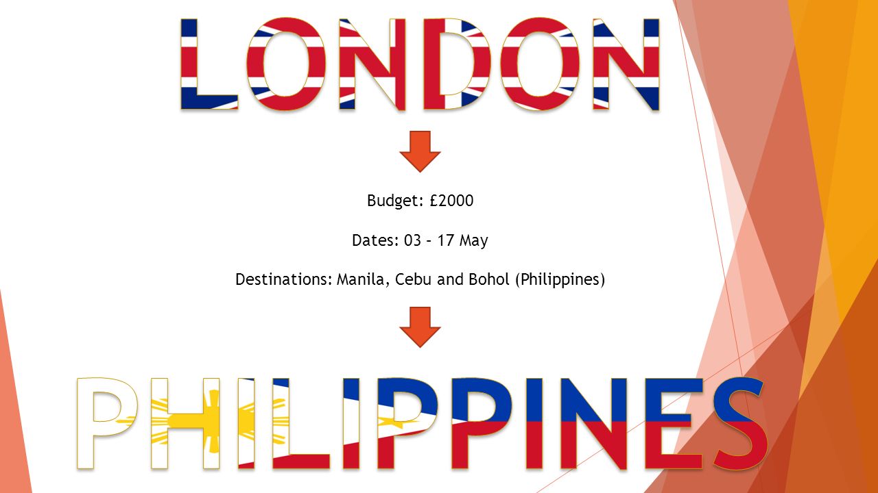 Budget: £2000 Dates: 03 – 17 May Destinations: Manila, Cebu and Bohol (Philippines)