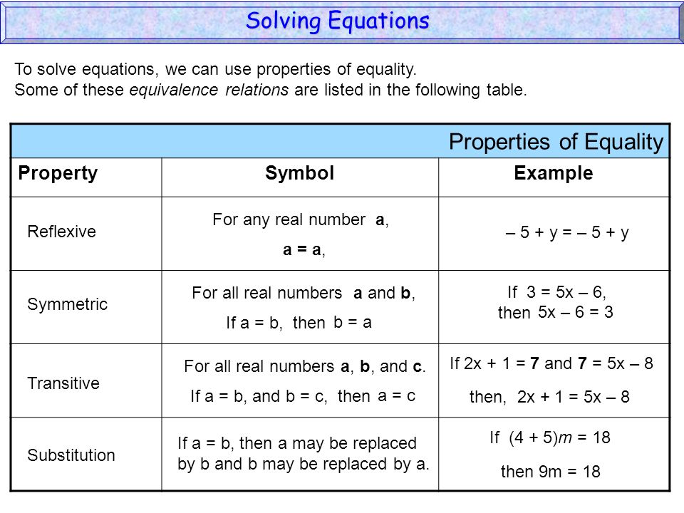 Solving Equations 1 Open Sentence 2 Equation 3 Solution To Solve Equations We Can Use Properties Of Equality