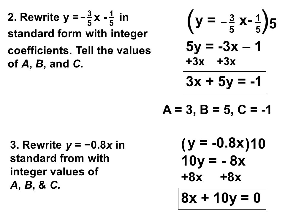 big idea every line has an equation of the form ax by c goal standard form with integer coefficients