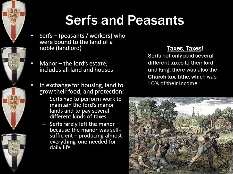 Serfs and Peasants Serfs – (peasants / workers) who were bound to the land of a noble (landlord) Manor – the lord’s estate; includes all land and houses In exchange for housing, land to grow their food, and protection: – Serfs had to perform work to maintain the lord’s manor lands and to pay several different kinds of taxes.
