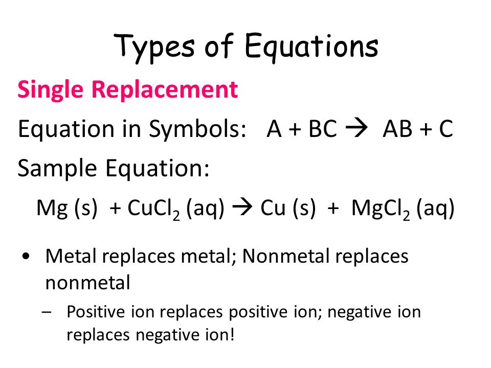 Unit 6 Chemical Reactions Writing Equations All 14 Types Of Equations Single Replacement
