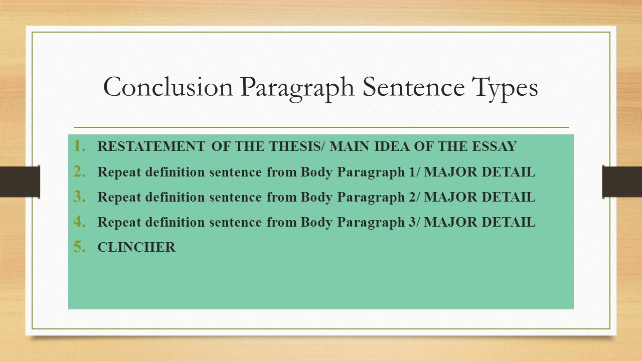 Conclusion Paragraph Sentence Types 1. RESTATEMENT OF THE THESIS/ MAIN IDEA OF THE ESSAY 2.