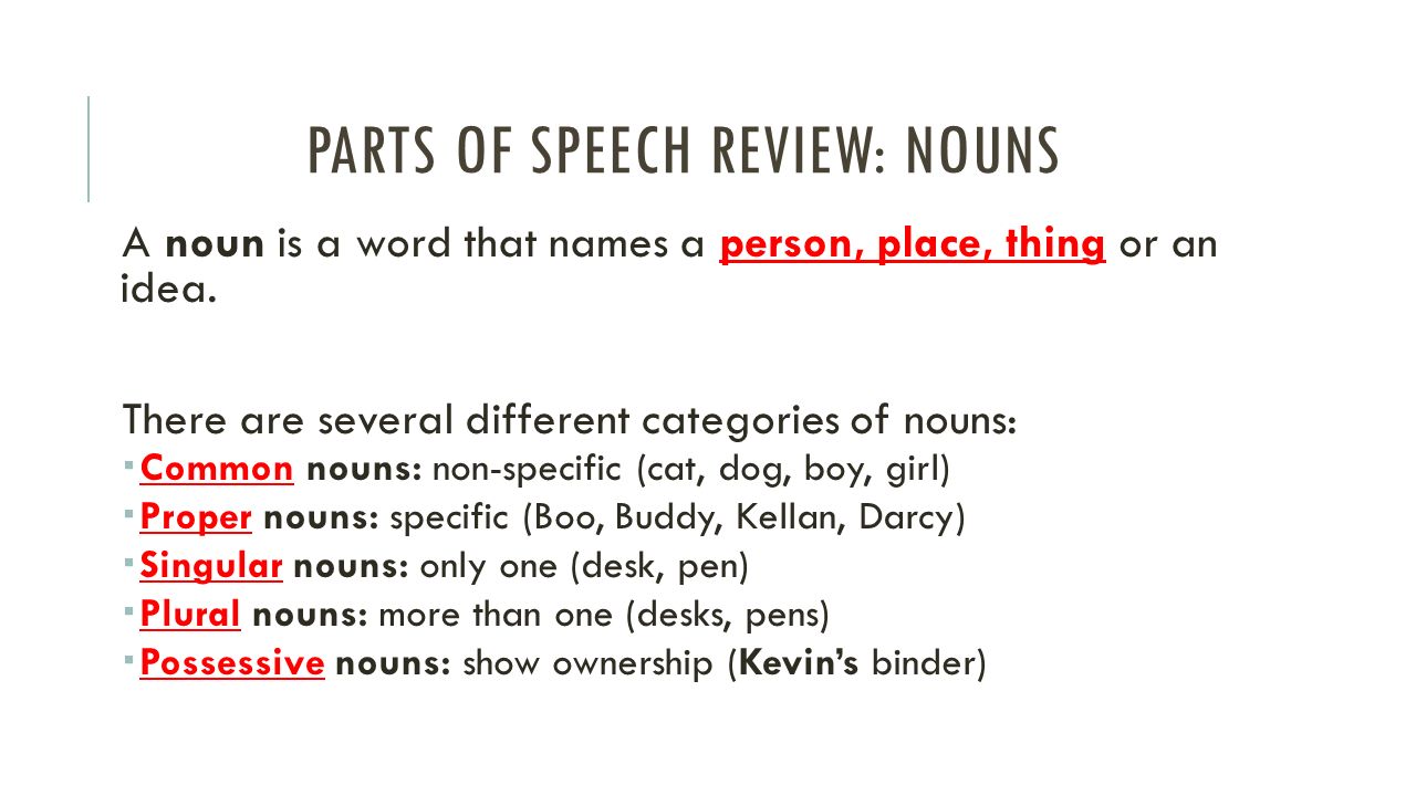 PARTS OF SPEECH REVIEW: NOUNS A noun is a word that names a person, place, thing or an idea.