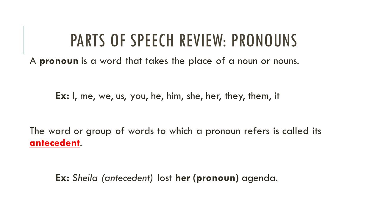 PARTS OF SPEECH REVIEW: PRONOUNS A pronoun is a word that takes the place of a noun or nouns.