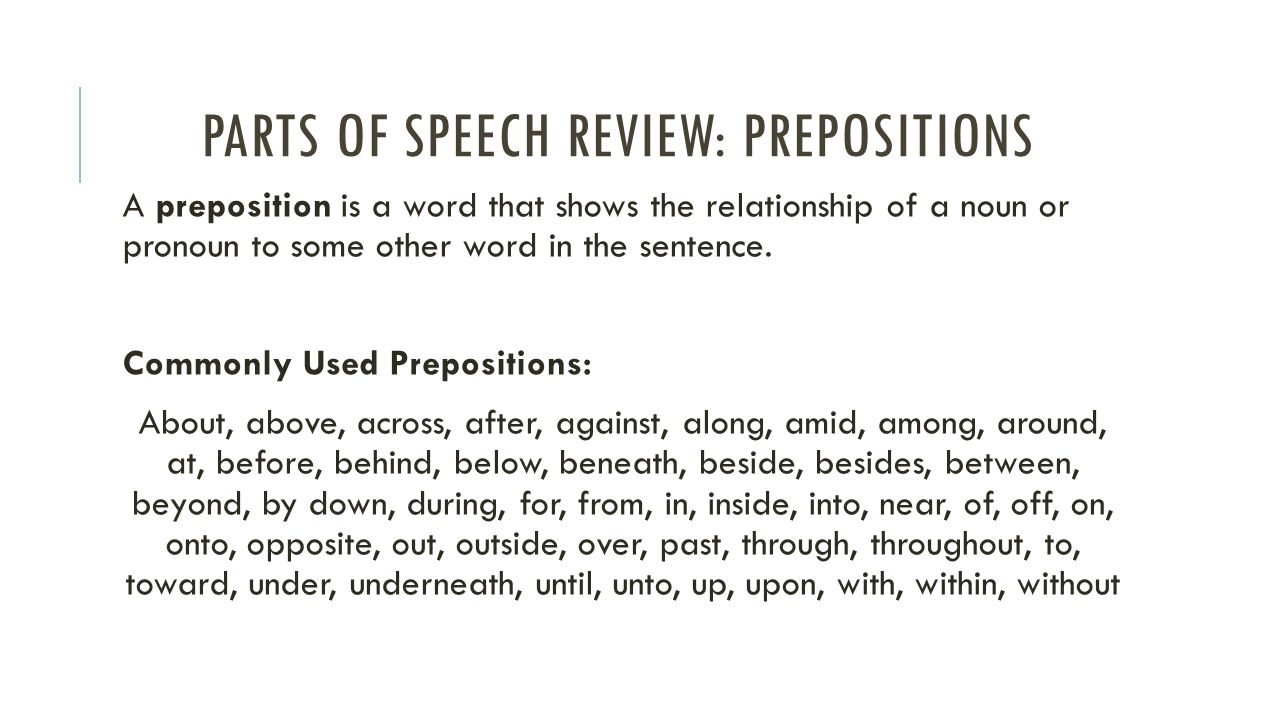 PARTS OF SPEECH REVIEW: PREPOSITIONS A preposition is a word that shows the relationship of a noun or pronoun to some other word in the sentence.