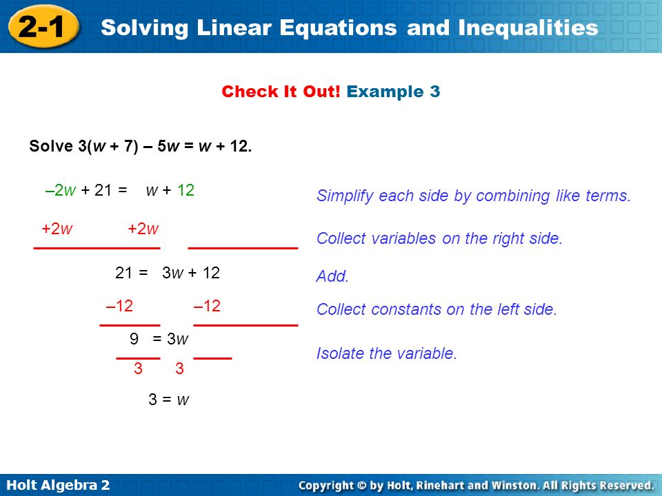 Holt Algebra Solving Linear Equations and Inequalities Check It Out.