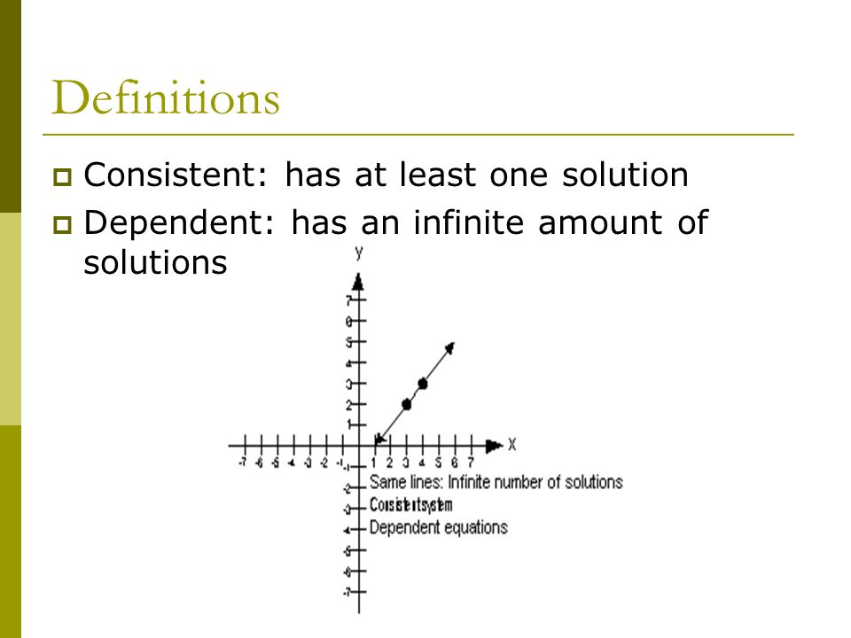 Definitions  Consistent: has at least one solution  Dependent: has an infinite amount of solutions