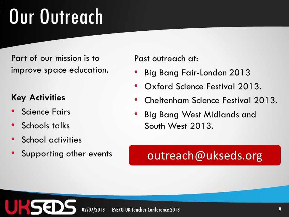 9 02/07/2013ESERO-UK Teacher Conference 2013 Part of our mission is to improve space education.