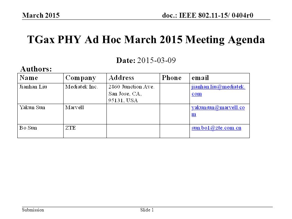 doc.: IEEE / 0404r0 Submission March 2015 Slide 1 TGax PHY Ad Hoc March 2015 Meeting Agenda Date: Authors: