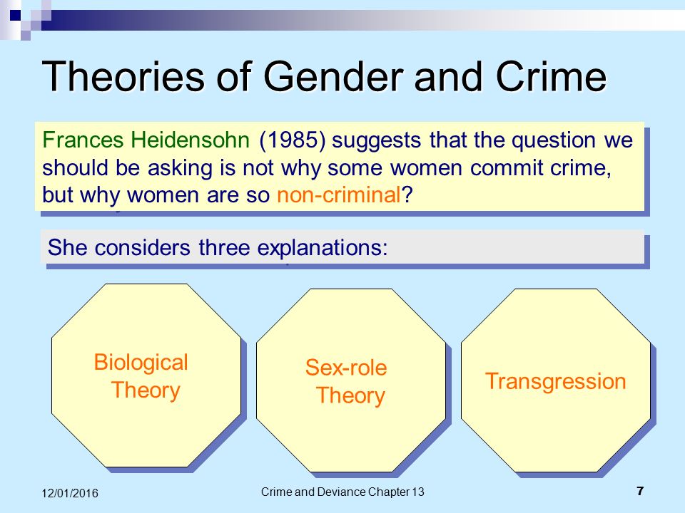 gender crime deviance Sex-role theory and gender socialization - women commit less crime gender socialization encourages women to adopt feminine characteristics such as being more emotional, less competitive, less tough and aggressive, and more averse to taking risks than men. gender crime deviance Sex-role theory and gender socialization - women commit less crime gender socialization encourages women to adopt feminine characteristics such as being more emotional, less competitive, less tough and aggressive, and more averse to taking risks than men.