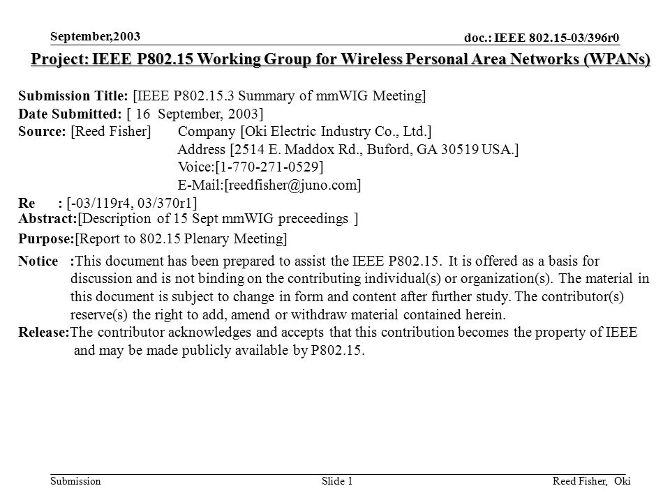 doc.: IEEE /396r0 Submission September,2003 Reed Fisher, OkiSlide 1 Project: IEEE P Working Group for Wireless Personal Area Networks (WPANs) Submission Title: [IEEE P Summary of mmWIG Meeting] Date Submitted: [ 16 September, 2003] Source: [Reed Fisher] Company [Oki Electric Industry Co., Ltd.] Address [2514 E.
