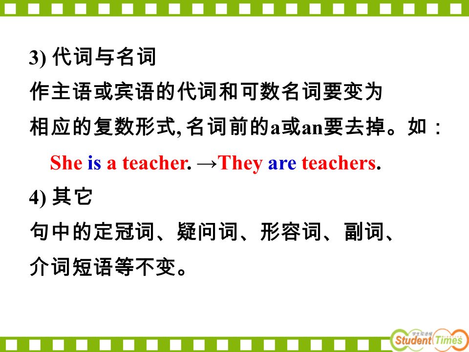 3) 代词与名词 作主语或宾语的代词和可数名词要变为 相应的复数形式, 名词前的 a 或 an 要去掉。如： She is a teacher.