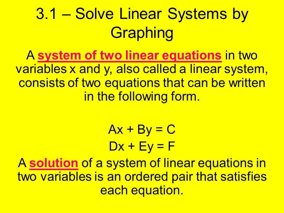3.1 – Solve Linear Systems by Graphing A system of two linear equations in two variables x and y, also called a linear system, consists of two equations that can be written in the following form.