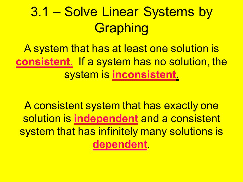 3.1 – Solve Linear Systems by Graphing A system that has at least one solution is consistent.