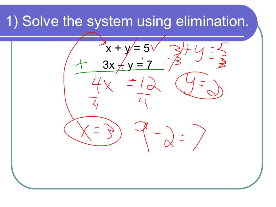 1) Solve the system using elimination. x + y = 5 3x – y = 7