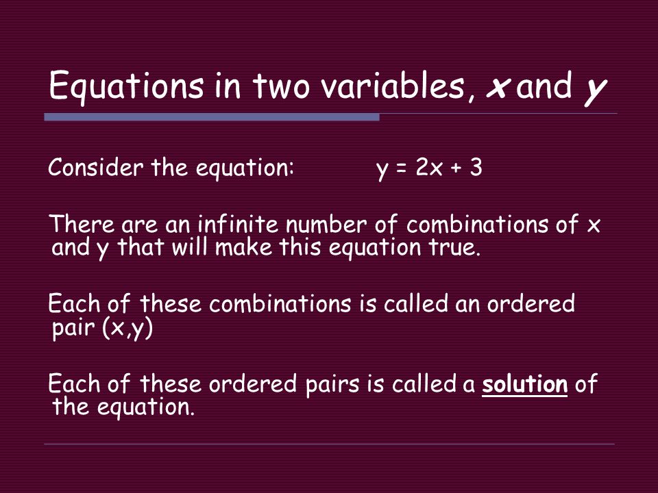 Algebra 4 1 Graphing Equations Of Lines The Coordinate Plane X 5 Equations In Two Variables X And Y Consider The Equation 2x 3 There Are An Infinite Number Of Combinations That Will Make This