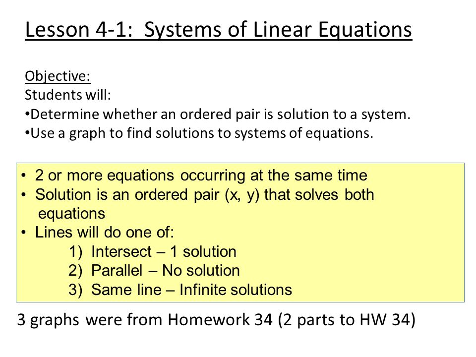 2 or more equations occurring at the same time Solution is an ordered pair (x, y) that solves both equations Lines will do one of: 1) Intersect – 1 solution 2) Parallel – No solution 3) Same line – Infinite solutions 3 graphs were from Homework 34 (2 parts to HW 34) Lesson 4-1: Systems of Linear Equations Objective: Students will: Determine whether an ordered pair is solution to a system.