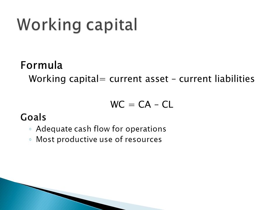 Concept Of Working Capital Management Evaluating Techniques For 4 Formula Working Capital Cur Asset Liabilities Wc Ca Cl Goals Adequate Cash Flow For Operations Most Productive Use Of Resources