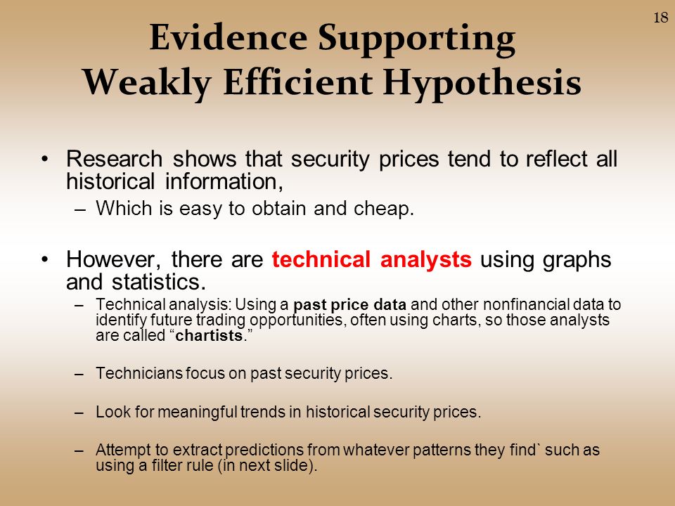 Evidence Supporting Weakly Efficient Hypothesis Research shows that security prices tend to reflect all historical information, –Which is easy to obtain and cheap.