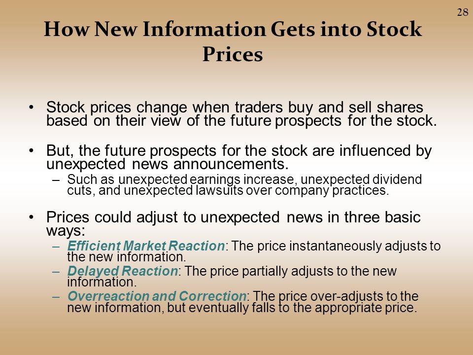 How New Information Gets into Stock Prices Stock prices change when traders buy and sell shares based on their view of the future prospects for the stock.
