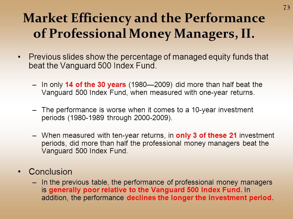 Market Efficiency and the Performance of Professional Money Managers, II.