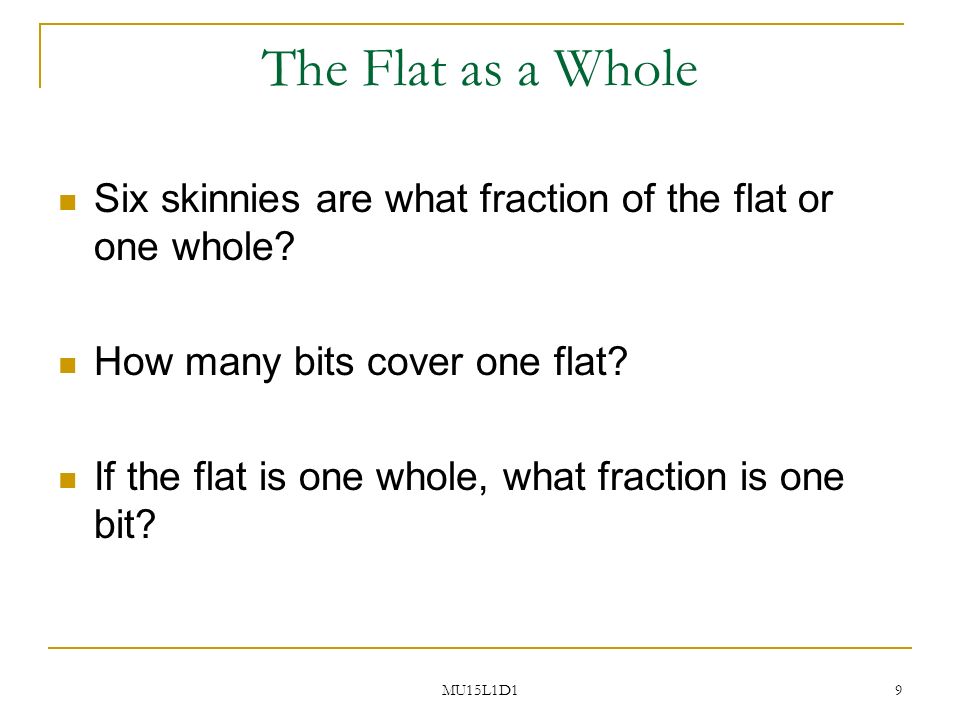 MU15L1D1 9 The Flat as a Whole Six skinnies are what fraction of the flat or one whole.