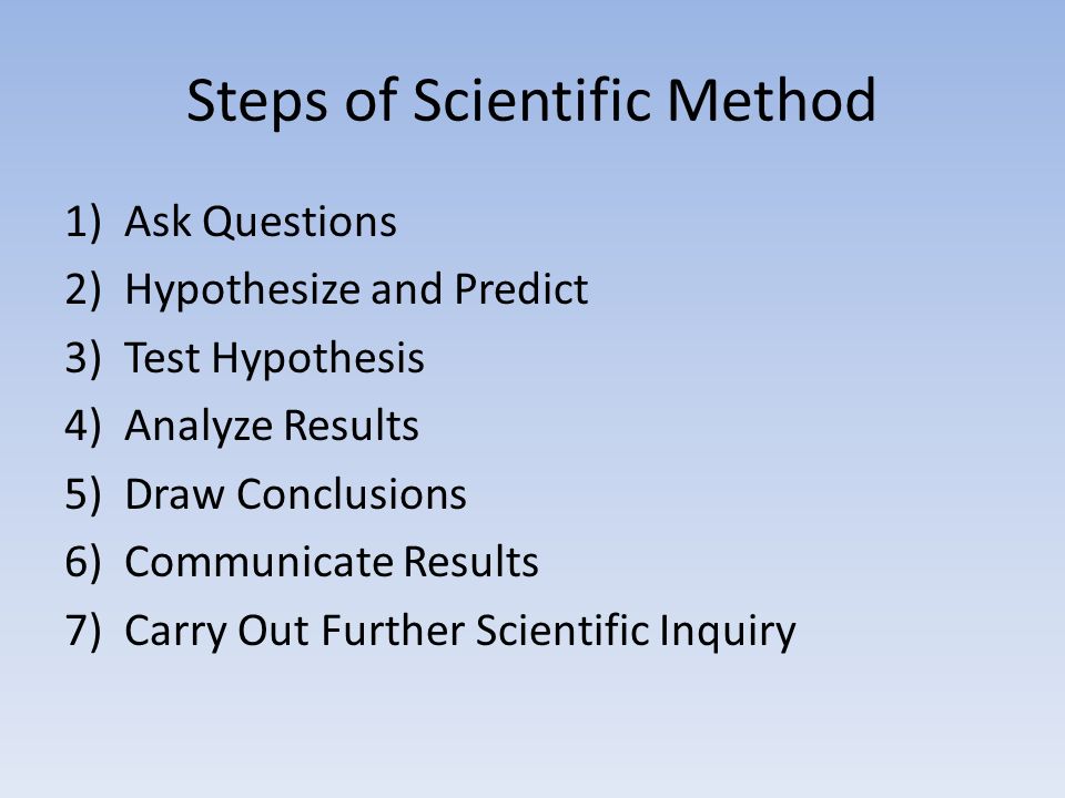 Steps of Scientific Method 1)Ask Questions 2)Hypothesize and Predict 3)Test Hypothesis 4)Analyze Results 5)Draw Conclusions 6)Communicate Results 7)Carry Out Further Scientific Inquiry