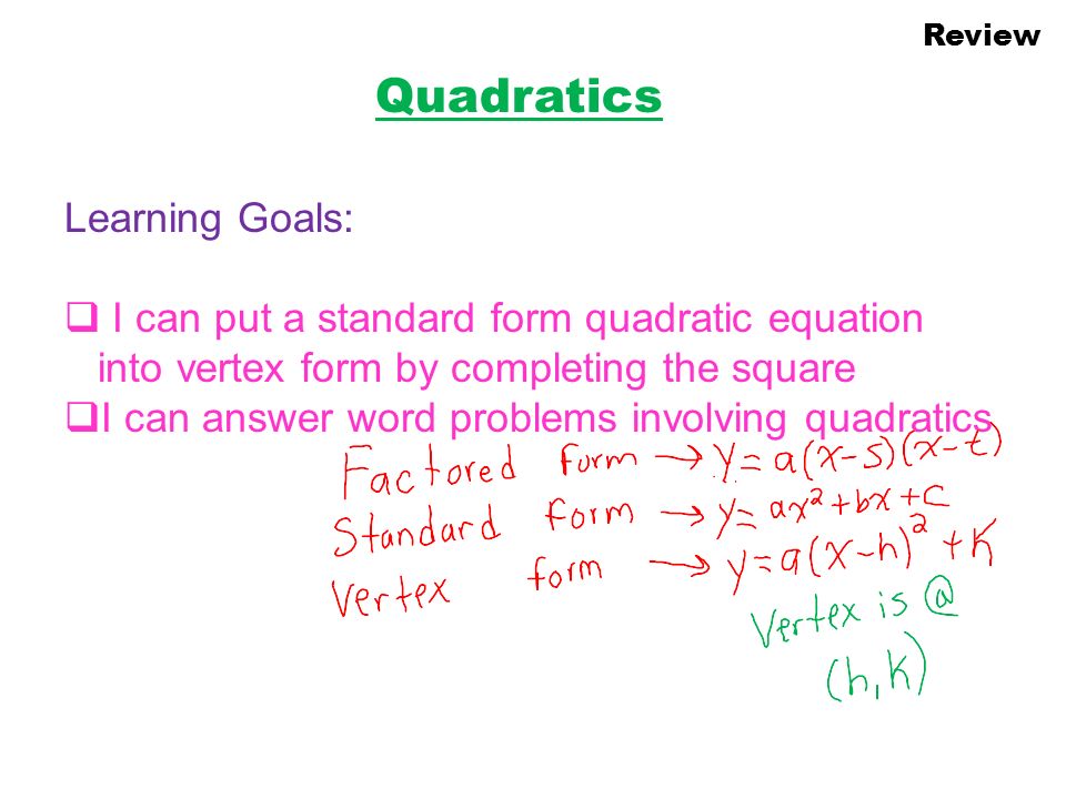 Review Quadratics Learning Goals I Can Put A Standard Form 1 Review Quadratics Learning Goals I Can Put A Standard Form Quadratic Equation Into Vertex By Completing The Square Answer Word Problems