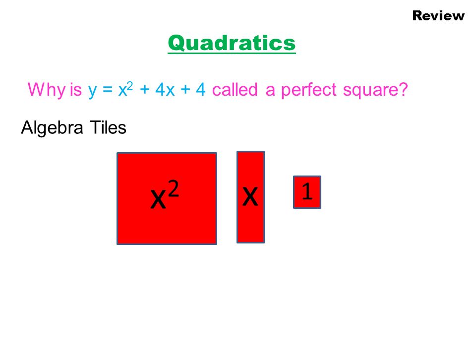 Review Quadratics Learning Goals I Can Put A Standard Form Form Quadratic Equation Into Vertex 2 Review Quadratics 3 Why Is Y X 4x 4 Called A Perfect Square