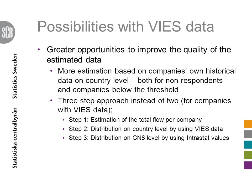 Possibilities with VIES data Greater opportunities to improve the quality of the estimated data More estimation based on companies’ own historical data on country level – both for non-respondents and companies below the threshold Three step approach instead of two (for companies with VIES data); Step 1: Estimation of the total flow per company Step 2: Distribution on country level by using VIES data Step 3: Distribution on CN8 level by using Intrastat values