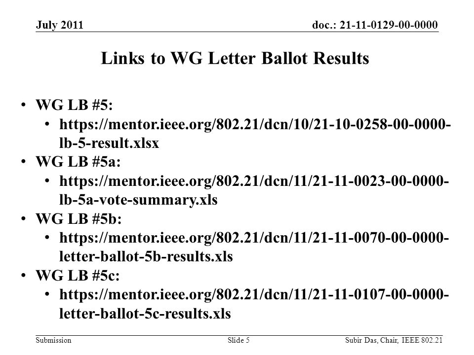 doc.: Submission Links to WG Letter Ballot Results July 2011 Slide 5 WG LB #5:   lb-5-result.xlsx WG LB #5a:   lb-5a-vote-summary.xls WG LB #5b:   letter-ballot-5b-results.xls WG LB #5c:   letter-ballot-5c-results.xls Subir Das, Chair, IEEE