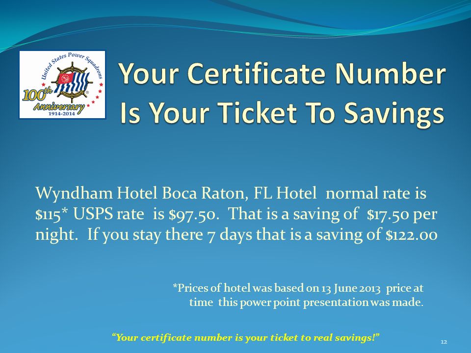 Wyndham Hotel Boca Raton, FL Hotel normal rate is $115* USPS rate is $97.50.