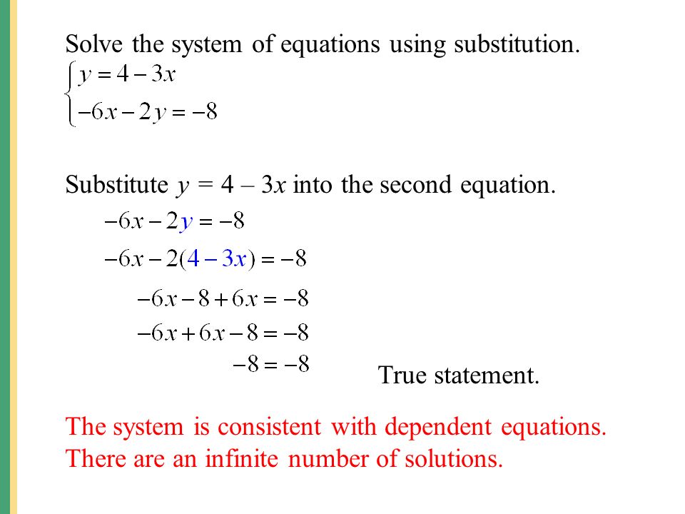Solve the system of equations using substitution. Substitute y = 4 – 3x into the second equation.