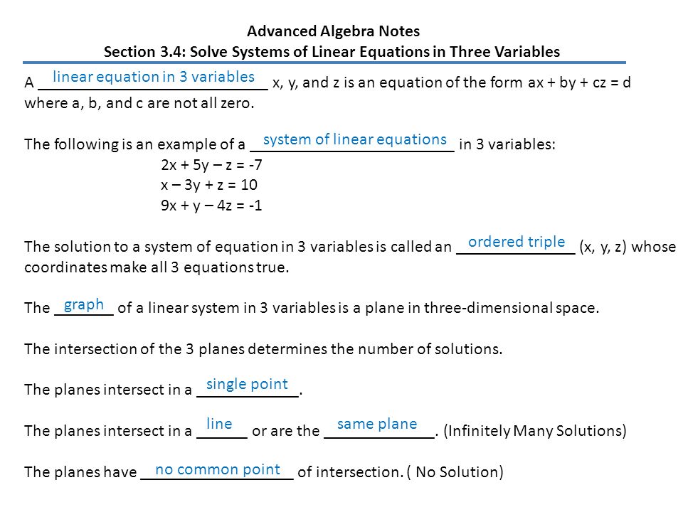 Advanced Algebra Notes Section 3 4 Solve Systems Of Linear Advanced Algebra Notes Section 3 4 Solve Systems Of Linear Equations In Three Variables A