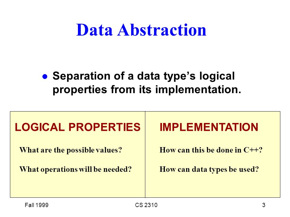 Fall 1999CS Data Abstraction l Separation of a data type’s logical properties from its implementation.
