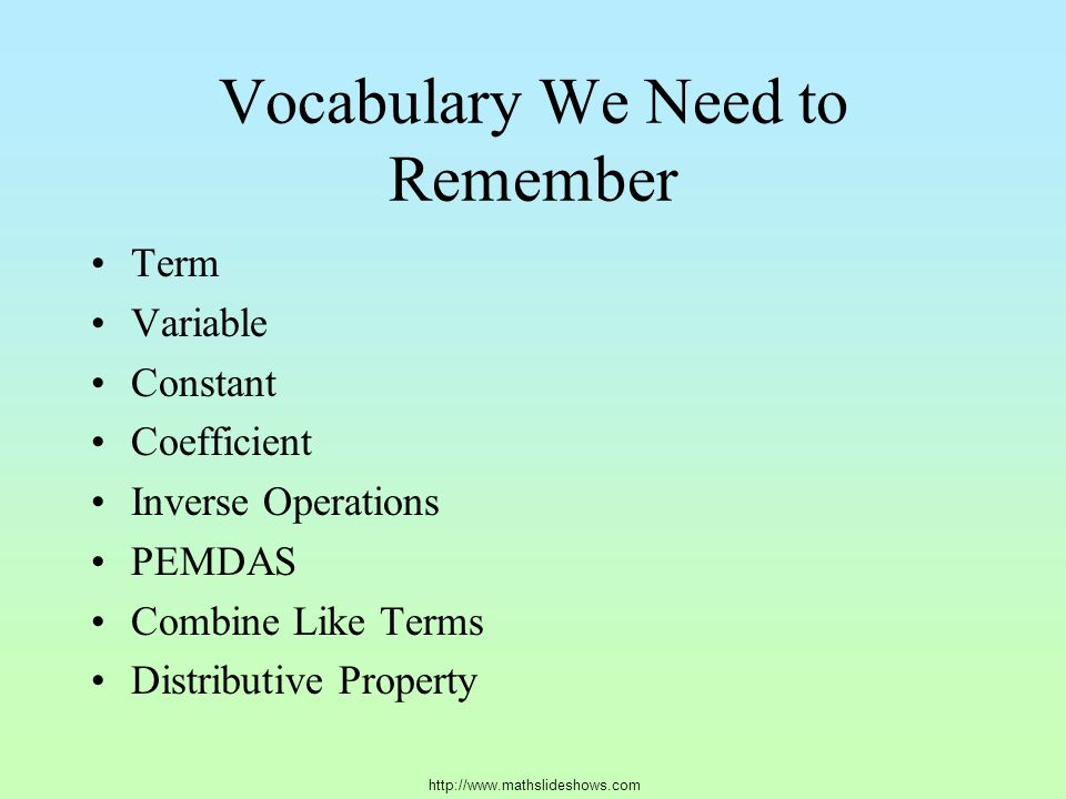 Vocabulary We Need to Remember Term Variable Constant Coefficient Inverse Operations PEMDAS Combine Like Terms Distributive Property