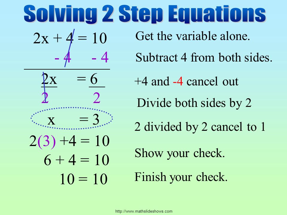 2x + 4 = 10 Get the variable alone.