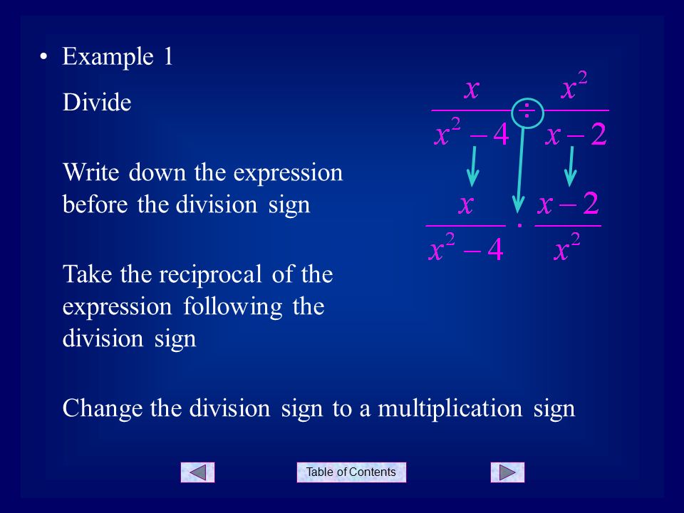 Table of Contents Example 1 Take the reciprocal of the expression following the division sign Divide Change the division sign to a multiplication sign Write down the expression before the division sign