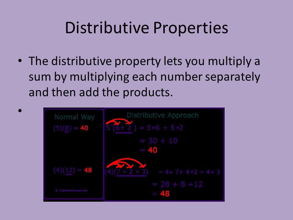 Distributive Properties The distributive property lets you multiply a sum by multiplying each number separately and then add the products.