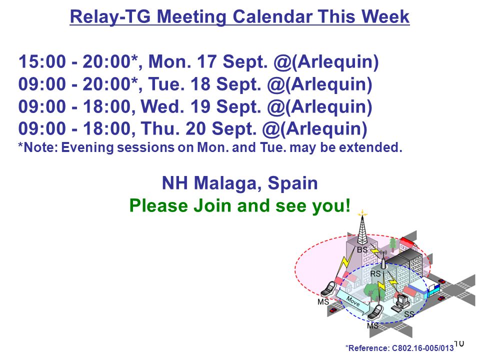 10 *Reference: C /013 Relay-TG Meeting Calendar This Week 15: :00*, Mon.
