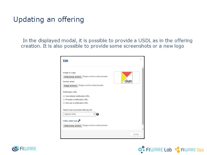 Updating an offering In the displayed modal, it is possible to provide a USDL as in the offering creation.