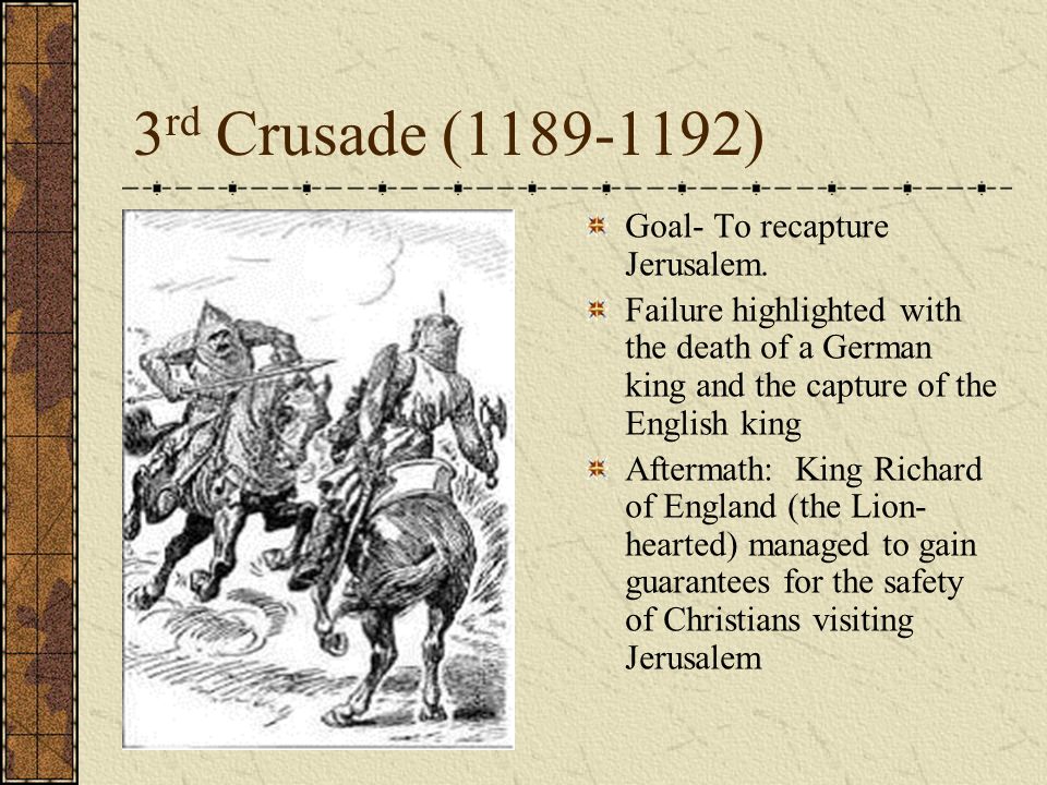3 rd Crusade ( ) Goal- To recapture Jerusalem.