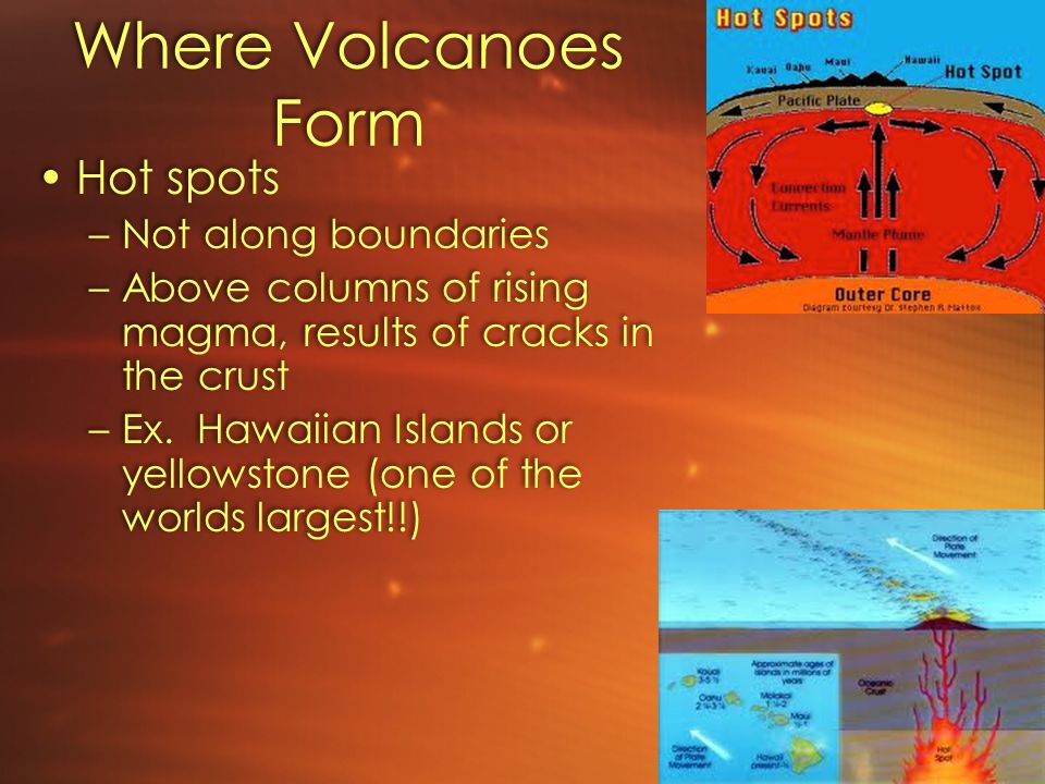 how and where volcanoes form There are three main places where volcanoes originate: hot spots, divergent plate boundaries (such as rifts and mid-ocean ridges), and convergent plate boundaries (subduction zones. how and where volcanoes form There are three main places where volcanoes originate: hot spots, divergent plate boundaries (such as rifts and mid-ocean ridges), and convergent plate boundaries (subduction zones.