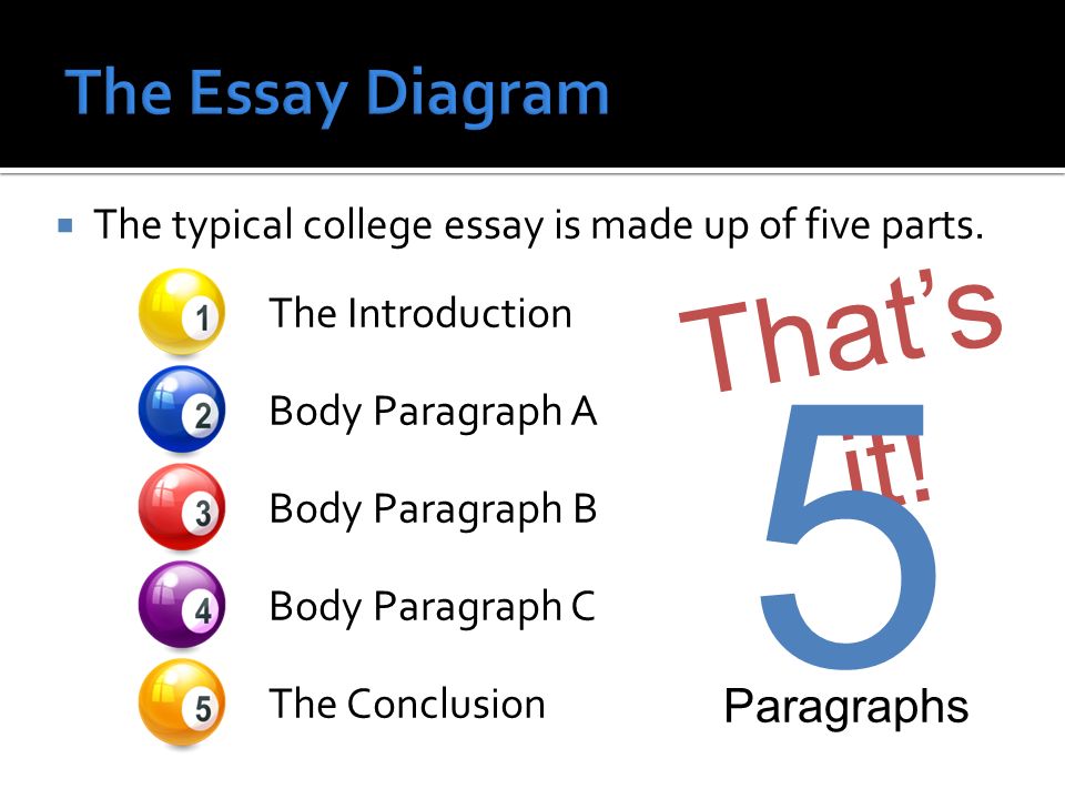 List the five parts of an essay