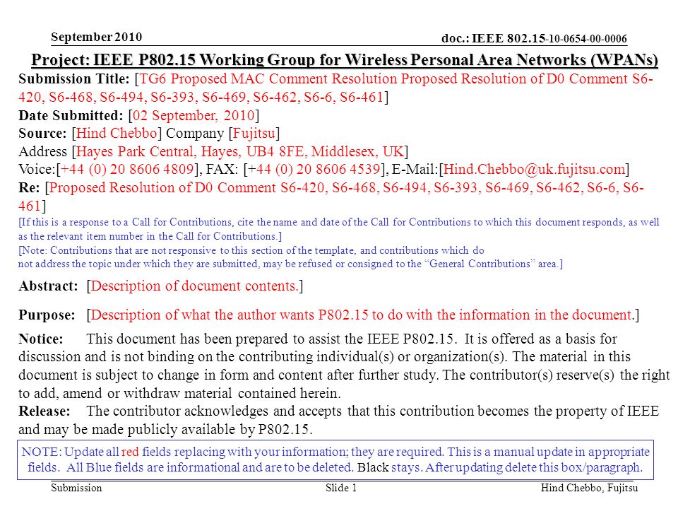 doc.: IEEE Submission September 2010 Hind Chebbo, FujitsuSlide 1 NOTE: Update all red fields replacing with your information; they are required.