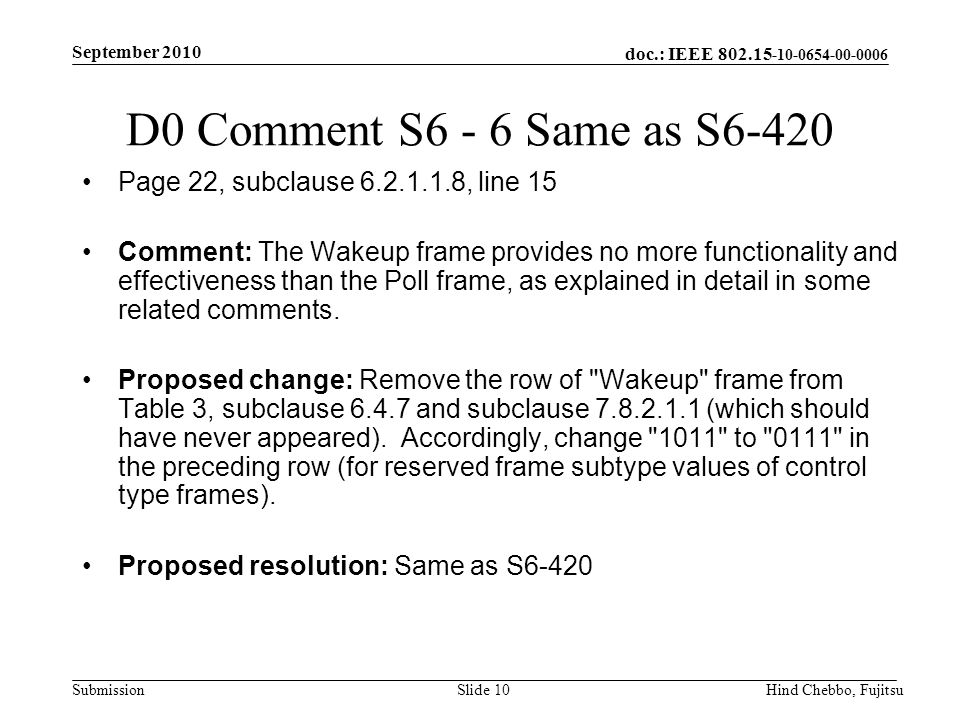 doc.: IEEE Submission September 2010 Hind Chebbo, FujitsuSlide 10 D0 Comment S6 - 6 Same as S6-420 Page 22, subclause , line 15 Comment: The Wakeup frame provides no more functionality and effectiveness than the Poll frame, as explained in detail in some related comments.