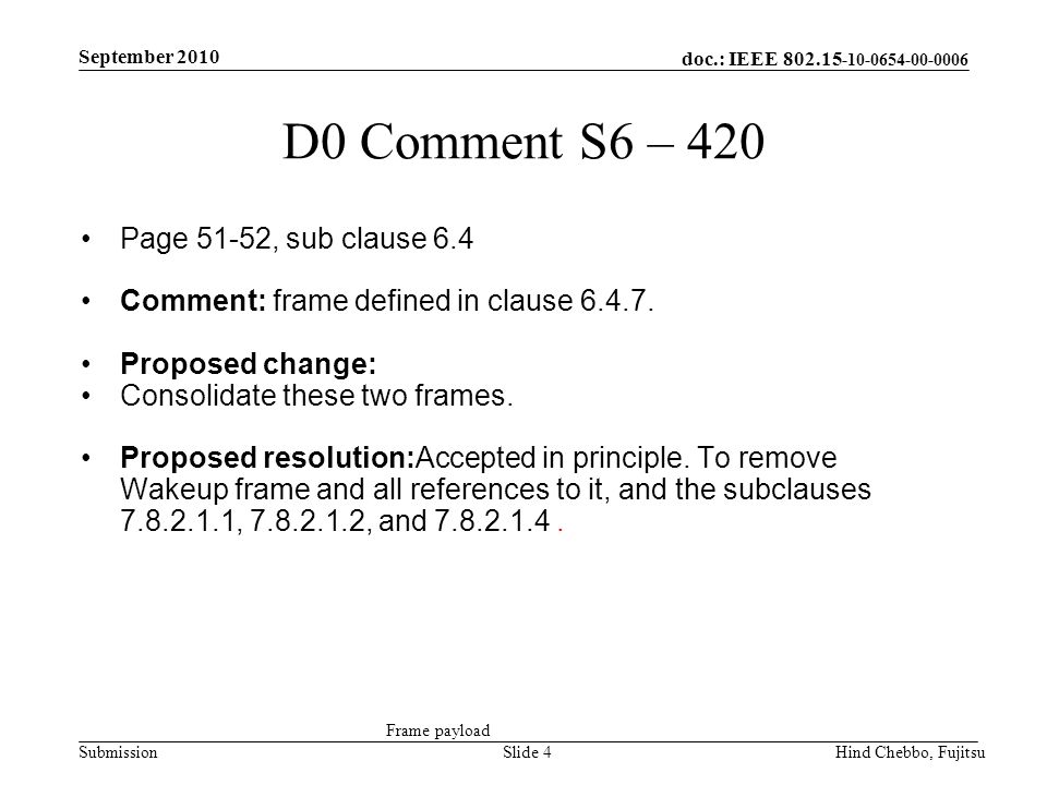 doc.: IEEE Submission September 2010 Hind Chebbo, FujitsuSlide 4 D0 Comment S6 – 420 Page 51-52, sub clause 6.4 Comment: frame defined in clause